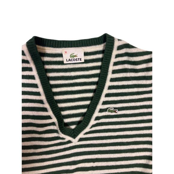 Lacoste Green White Striped Wool V-Neck Sweater Women’s 36/S Preppy Old Money - Picture 2 of 6